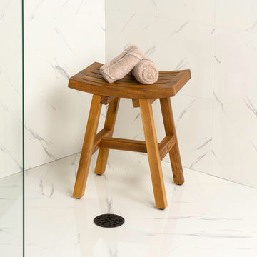 Tamlyn 15.75" Traditional Classic Slatted Solid Acacia Wood Indoor/Outdoor Shower Stool